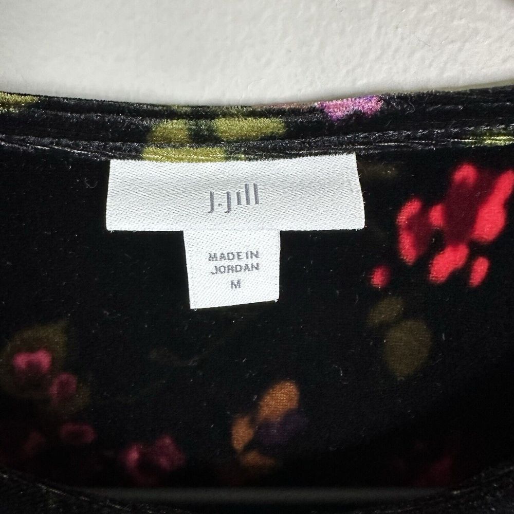 J.Jill Medium Black Red Pink Floral Velour 3/4 Sleeve Top - Picture 3 of 5